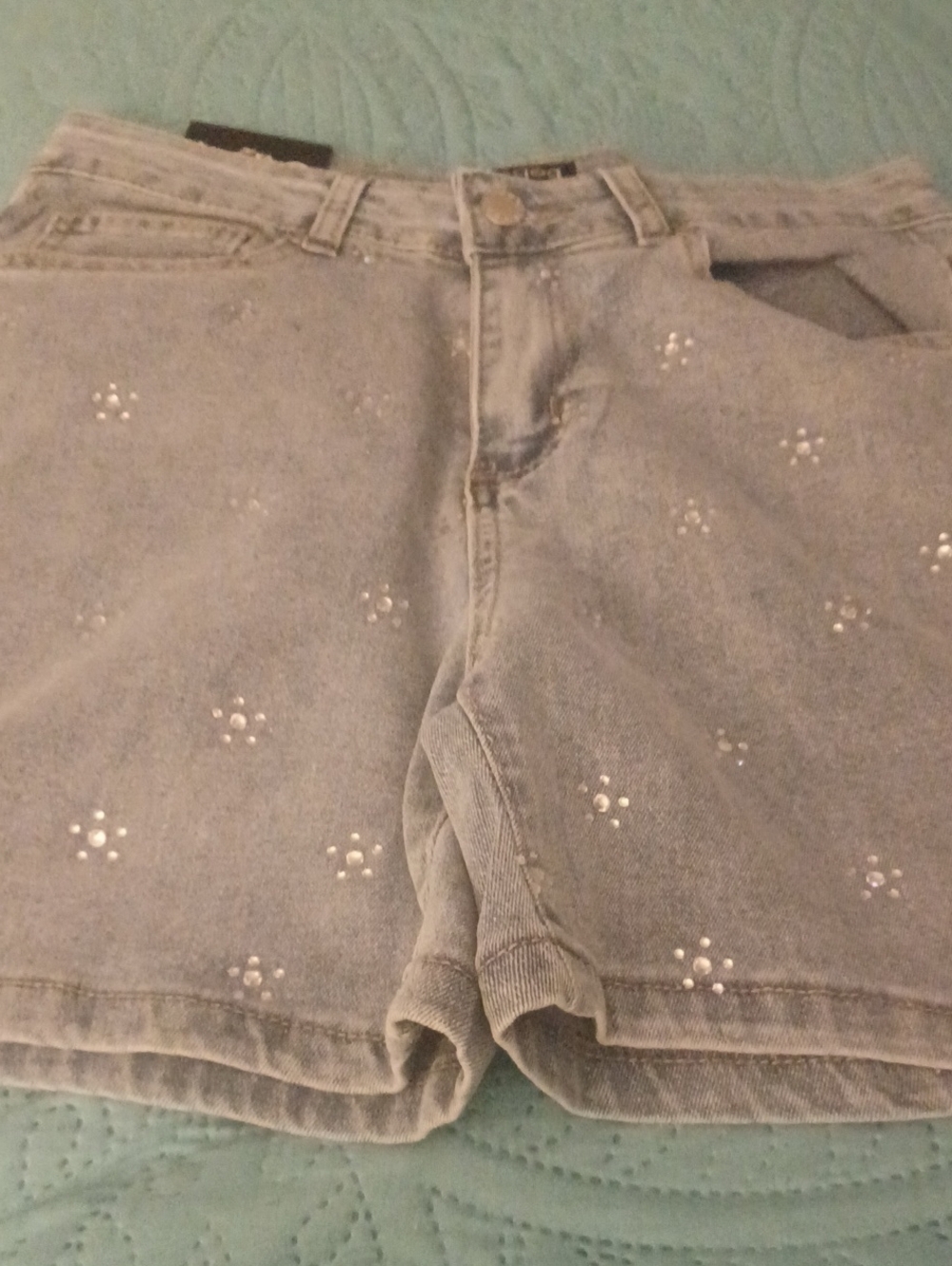 bebe Light Blue Denim Shorts with White Logo